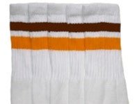 Knee high White tube socks with Dark Brown-Gold stripes style 2 - SKATERSOCKS