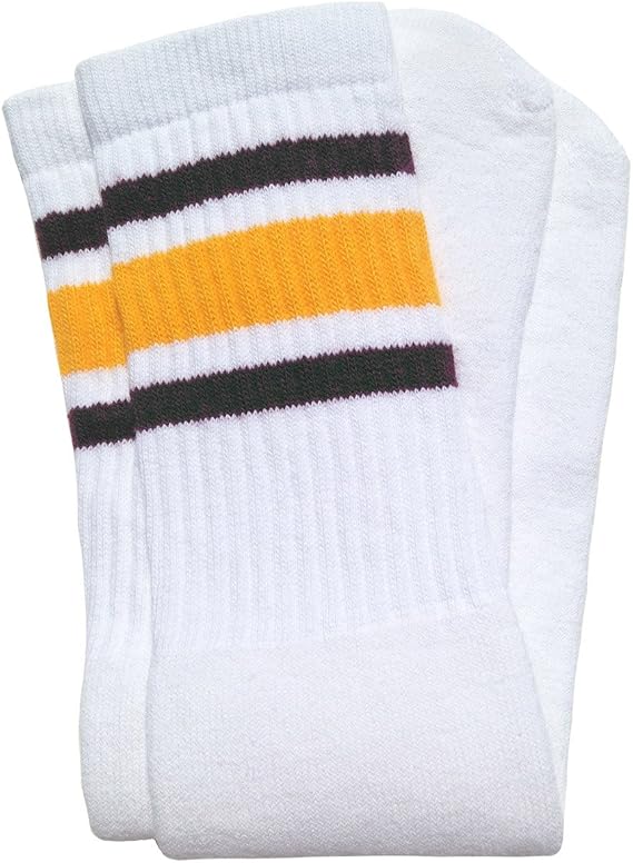 Knee high White tube socks with Dark Brown-Gold stripes style 3 - SKATERSOCKS