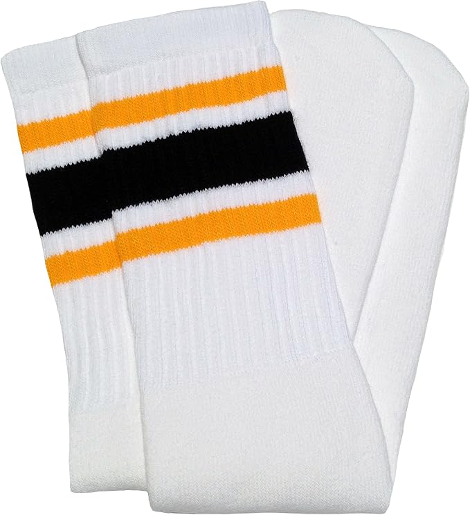 Knee high White tube socks with Gold-Black stripes style 3 - SKATERSOCKS