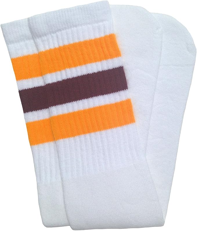 Knee high White tube socks with Gold-Maroon stripes style 1 - SKATERSOCKS