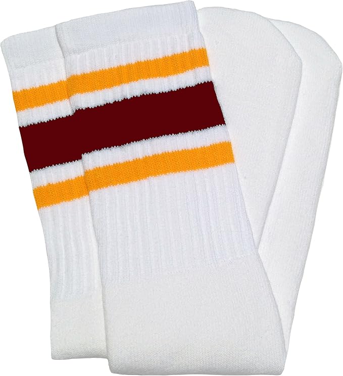 Knee high White tube socks with Gold-Maroon stripes style 3 - SKATERSOCKS