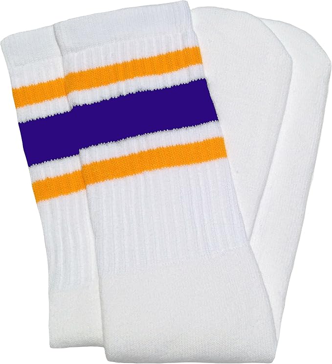 Knee high White tube socks with Gold-Purple stripes style 3 - SKATERSOCKS