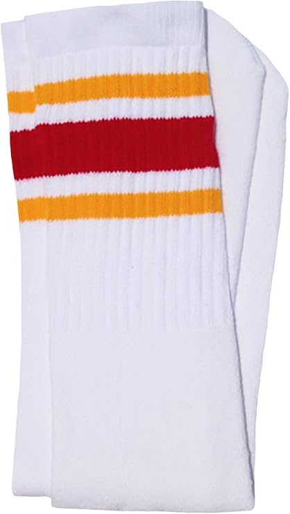 Knee high White tube socks with Gold-Red stripes style 3 - SKATERSOCKS