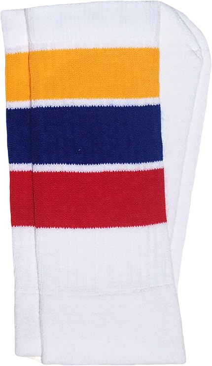 Knee high White tube socks with Gold-Royal Blue-Red stripes style 5 - SKATERSOCKS