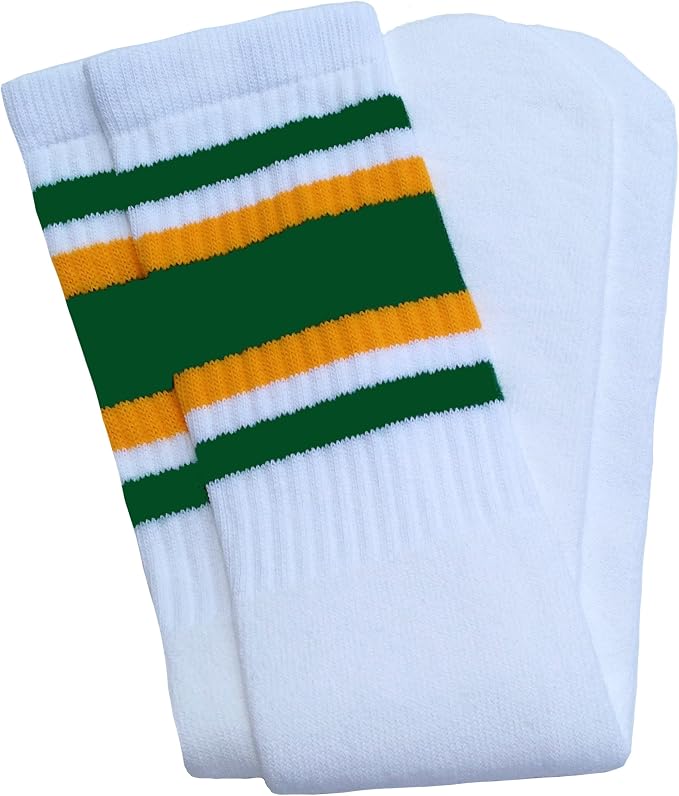 Knee high White tube socks with Green-Gold stripes style 4 - SKATERSOCKS