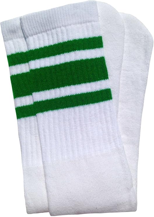Knee high White tube socks with Green stripes style 3 - SKATERSOCKS