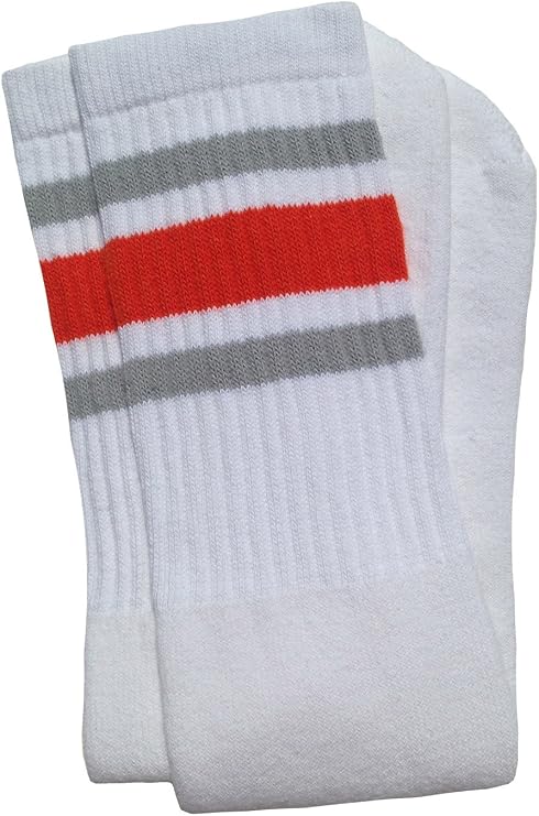 Knee high White tube socks with Grey-Orange stripes style 3 - SKATERSOCKS