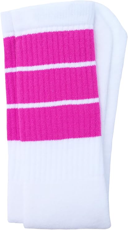 Knee high White tube socks with Hot Pink stripes style 5 - SKATERSOCKS