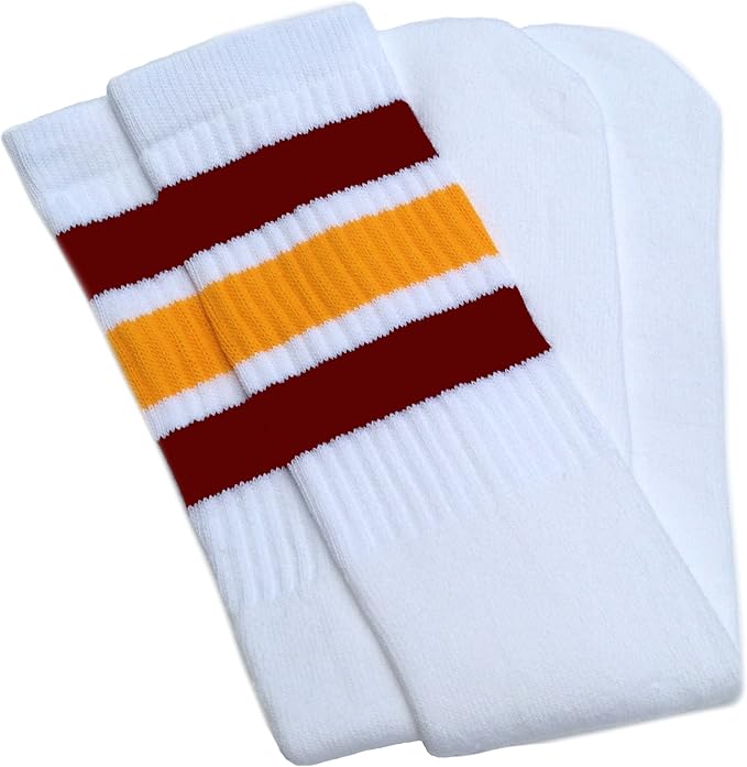 Knee high White tube socks with Maroon-Gold stripes style 1 - SKATERSOCKS