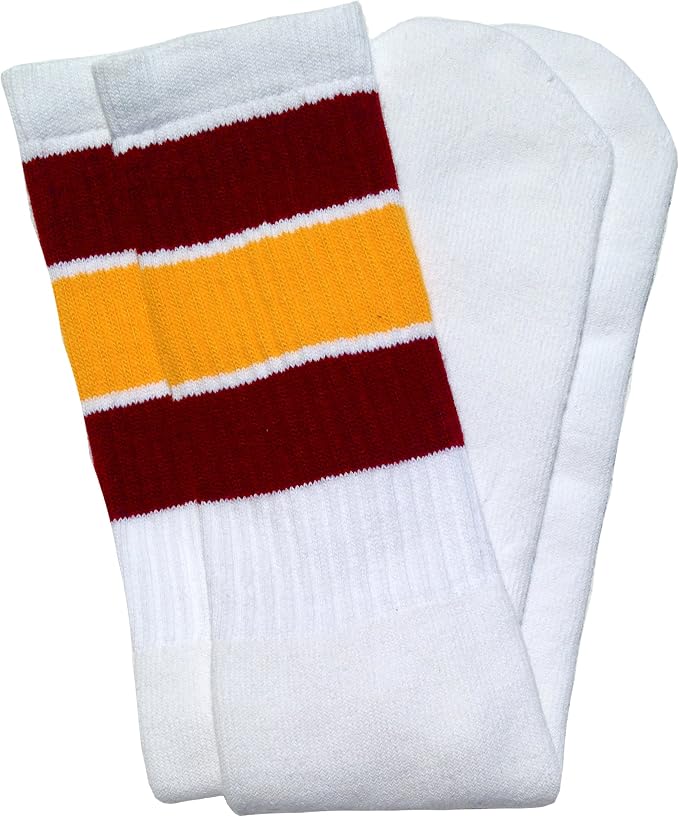 Knee high White tube socks with Maroon-Gold stripes style 5 - SKATERSOCKS