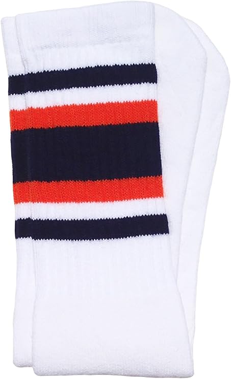 Knee high White tube socks with Navy Blue-Orange stripes style 4 - SKATERSOCKS