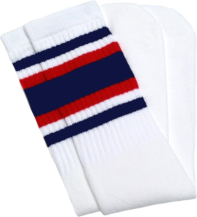 Knee high White tube socks with Navy Blue-Red stripes style 4 - SKATERSOCKS