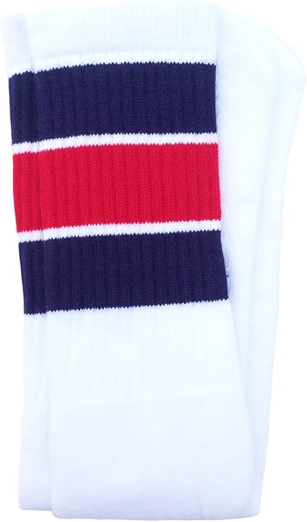 Knee high White tube socks with Navy Blue-Red stripes style 5 - SKATERSOCKS