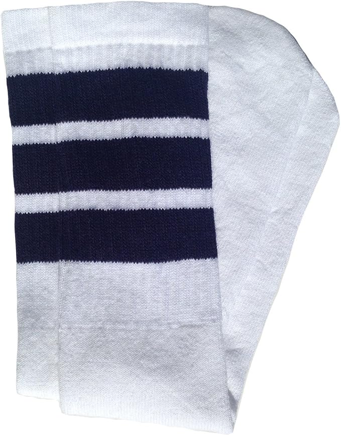 Knee high White tube socks with Navy Blue stripes style 1 - SKATERSOCKS