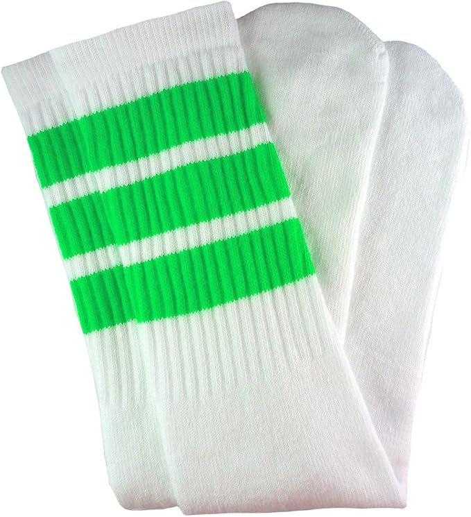 Knee high White tube socks with Neon Green stripes style 1 - SKATERSOCKS