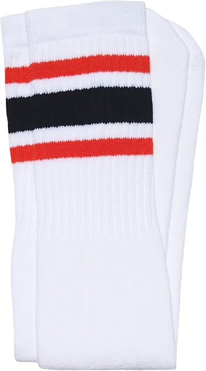 Knee high White tube socks with Orange-Black stripes style 3 - SKATERSOCKS