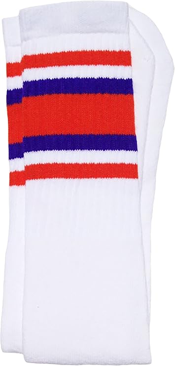 Knee high White tube socks with Orange-Purple stripes style 4 - SKATERSOCKS