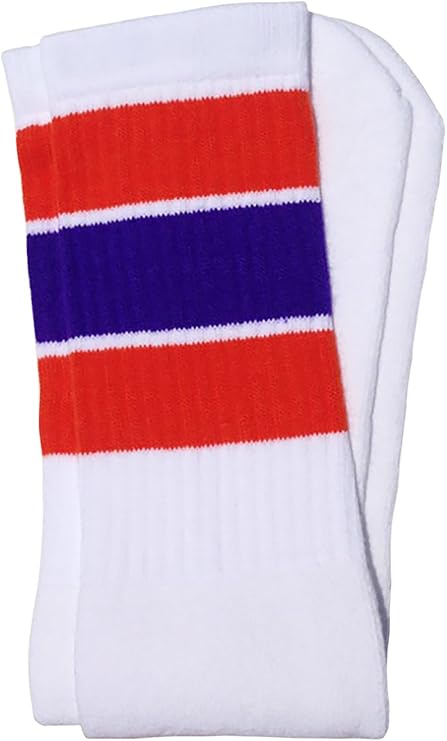 Knee high White tube socks with Orange-Purple stripes style 5 - SKATERSOCKS