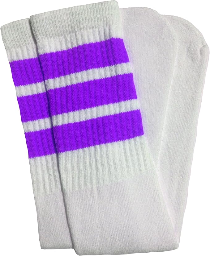 Knee high White tube socks with Purple stripes style 1 - SKATERSOCKS