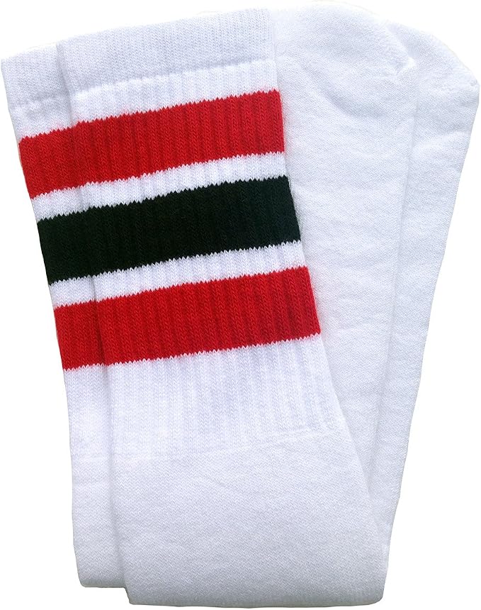 Knee high White tube socks with Red-Black stripes style 1 - SKATERSOCKS