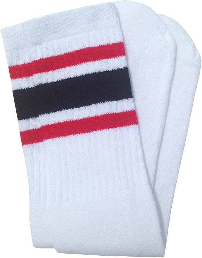 Knee high White tube socks with Red-Black stripes style 3 - SKATERSOCKS