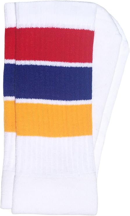 Knee high White tube socks with Red-Royal Blue-Gold stripes style 5 - SKATERSOCKS