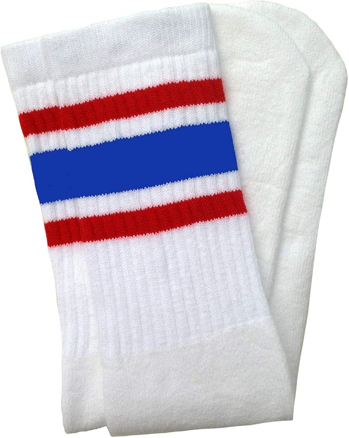 Knee high White tube socks with Red-Royal Blue stripes style 3 - SKATERSOCKS