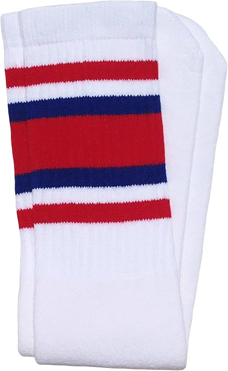Knee high White tube socks with Red-Royal Blue stripes style 4 - SKATERSOCKS