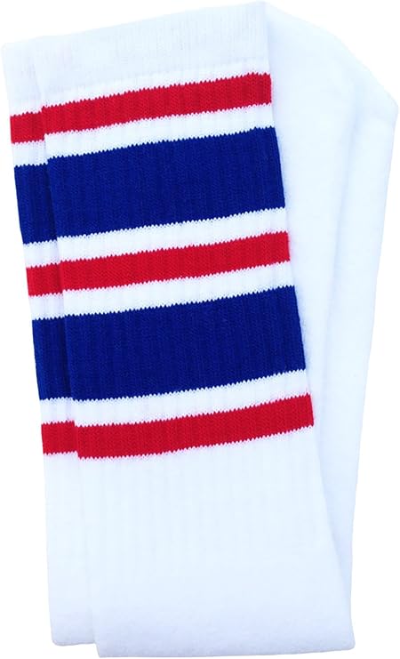 Knee high White tube socks with Red-Royal Blue stripes style 6 - SKATERSOCKS