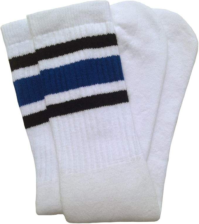 Knee high White tube socks with Royal Blue-Black stripes style 3 - SKATERSOCKS