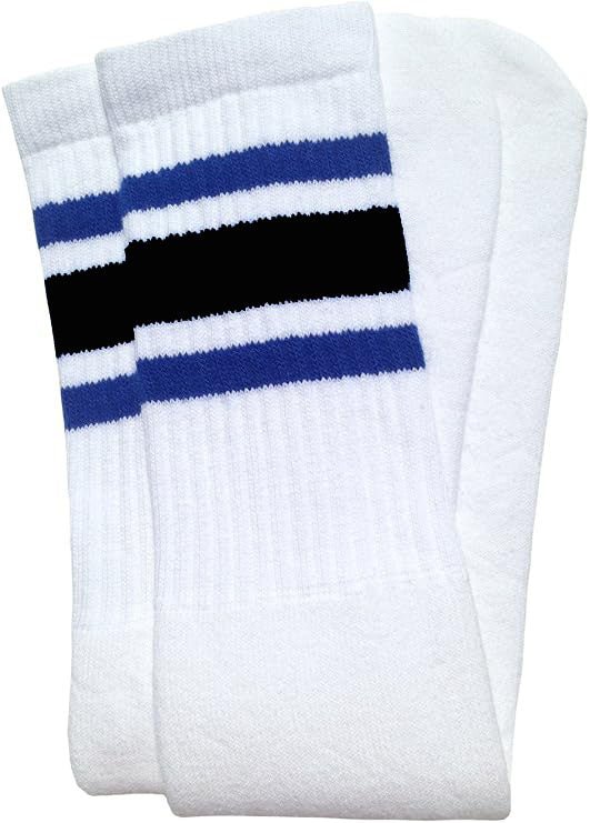 Knee high White tube socks with Royal Blue-Black stripes style 3 - SKATERSOCKS