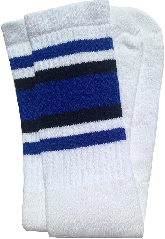 Knee high White tube socks with Royal Blue-Black stripes style 4 - SKATERSOCKS