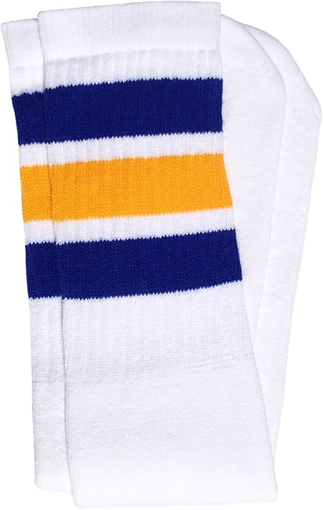 Knee high White tube socks with Royal Blue-Gold stripes style 1 - SKATERSOCKS