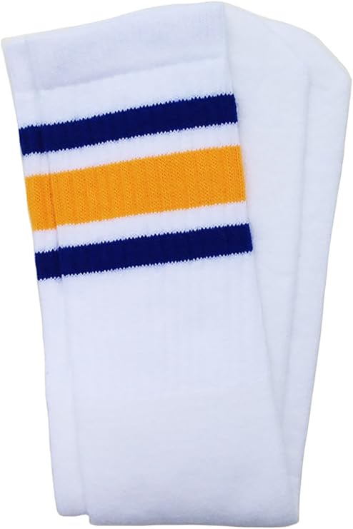 Knee high White tube socks with Royal Blue-Gold stripes style 3 - SKATERSOCKS