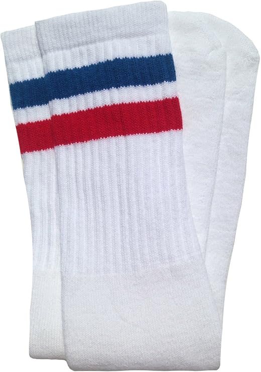 Knee high White tube socks with Royal Blue-Red stripes style 2 - SKATERSOCKS