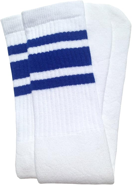 Knee high White tube socks with Royal Blue stripes style 3 - SKATERSOCKS