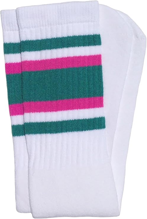 Knee high White tube socks with Teal-Hot Pink stripes style 4 - SKATERSOCKS