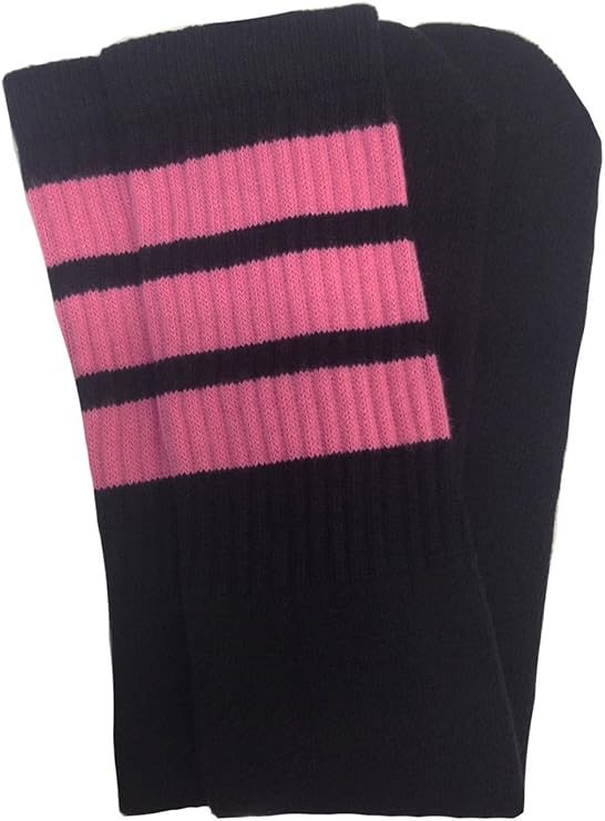 Mid calf Black tube socks with BubbleGum Pink stripes style 1 - SKATERSOCKS