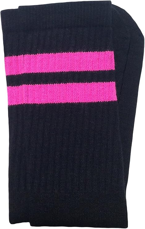 Mid calf Black tube socks with Hot Pink stripes style 2 - SKATERSOCKS
