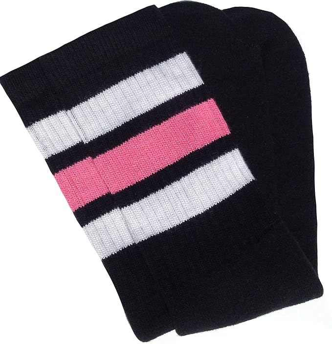 Mid calf Black tube socks with White-BubbleGum Pink stripes style 1 - SKATERSOCKS