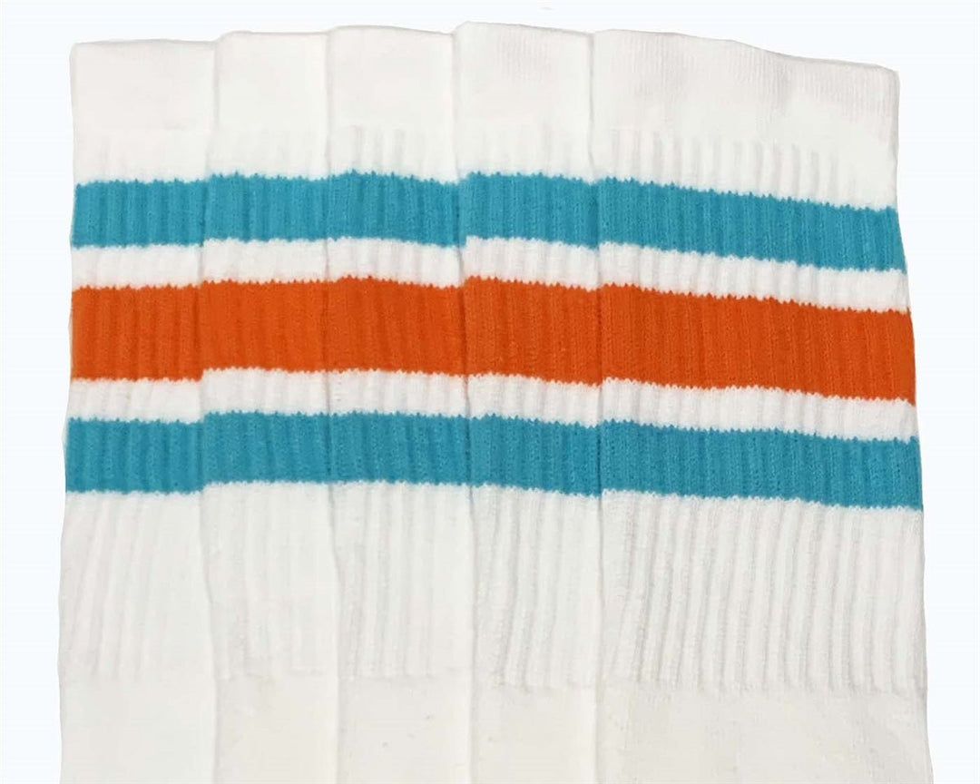 Mid calf White tube socks with Aqua-Orange stripes style 1 - SKATERSOCKS