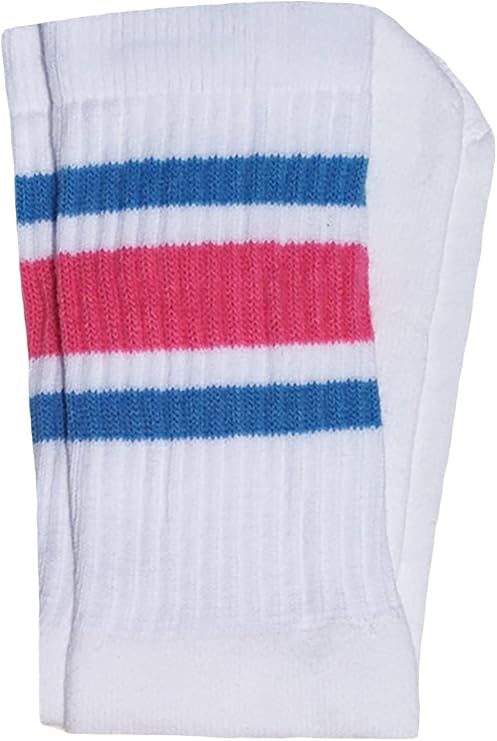 Mid calf White tube socks with Baby Blue-BubbleGum Pink stripes style 3 - SKATERSOCKS