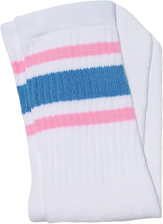 Mid calf White tube socks with Baby Pink-Baby Blue stripes style 3 - SKATERSOCKS