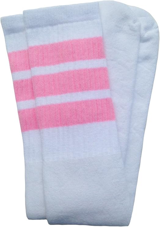 Mid calf White tube socks with Baby Pink stripes style 1 - SKATERSOCKS