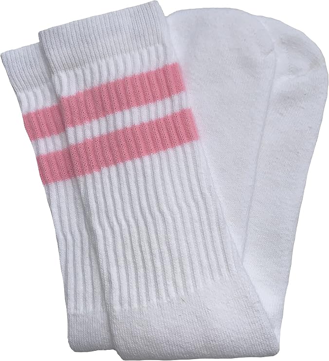 Mid calf White tube socks with Baby Pink stripes style 2 - SKATERSOCKS