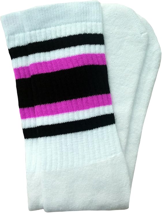 Mid calf White tube socks with Black-Hot Pink stripes style 4 - SKATERSOCKS