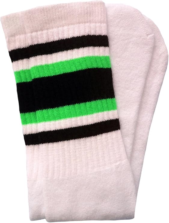 Mid calf White tube socks with Black-Neon Green stripes style 4 - SKATERSOCKS