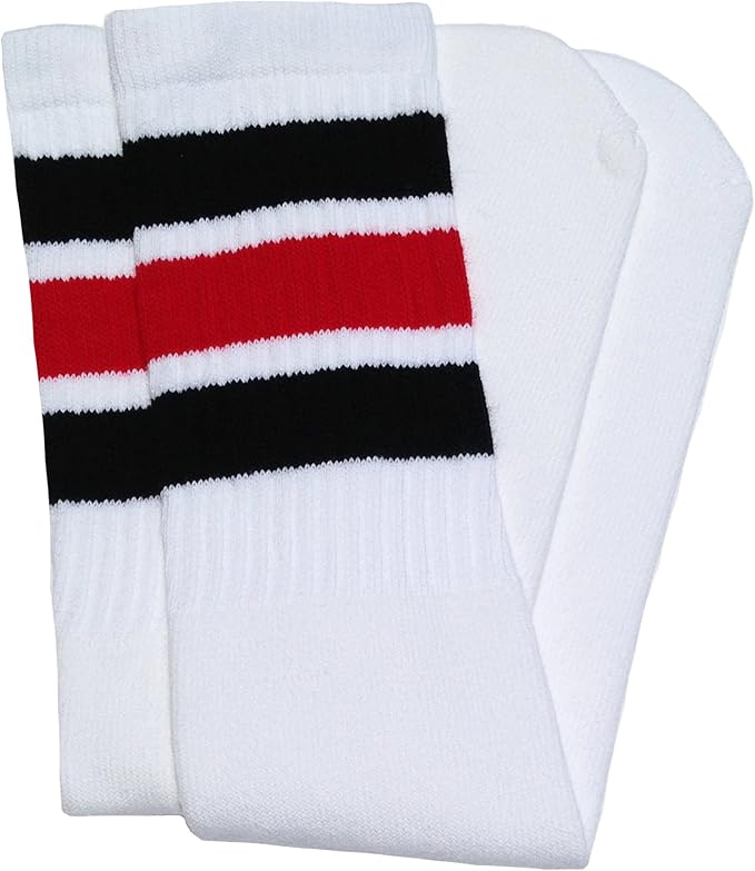 Mid calf White tube socks with Black-Red stripes style 1 - SKATERSOCKS