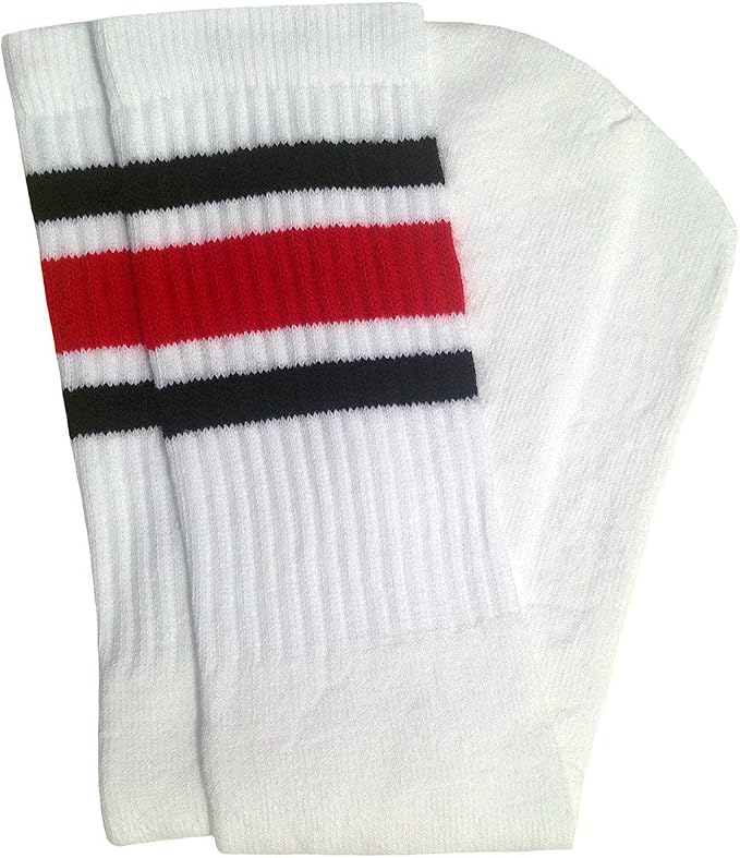Mid calf White tube socks with Black-Red stripes style 3 - SKATERSOCKS