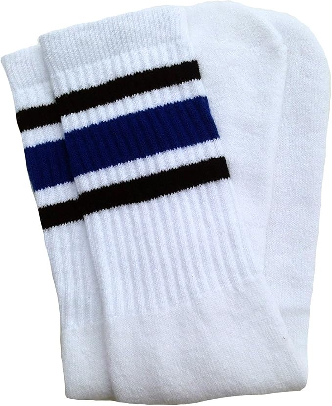 Mid calf White tube socks with Black-Royal Blue stripes style 3 - SKATERSOCKS